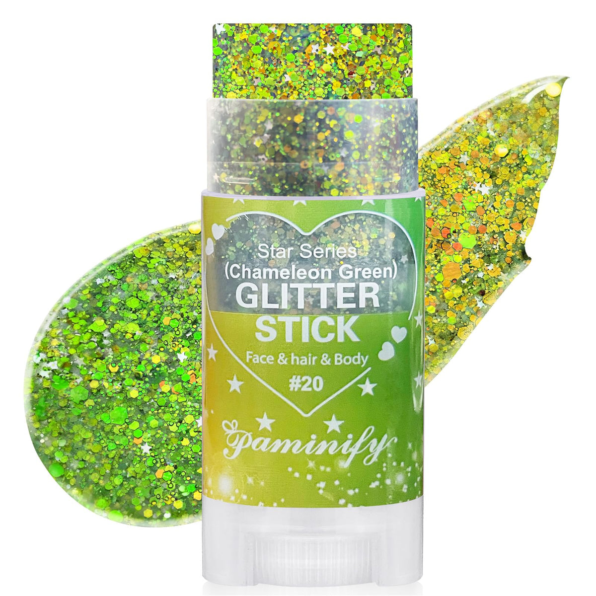 paminify front packaging showing green gold glitter stick, bright portable sparkle