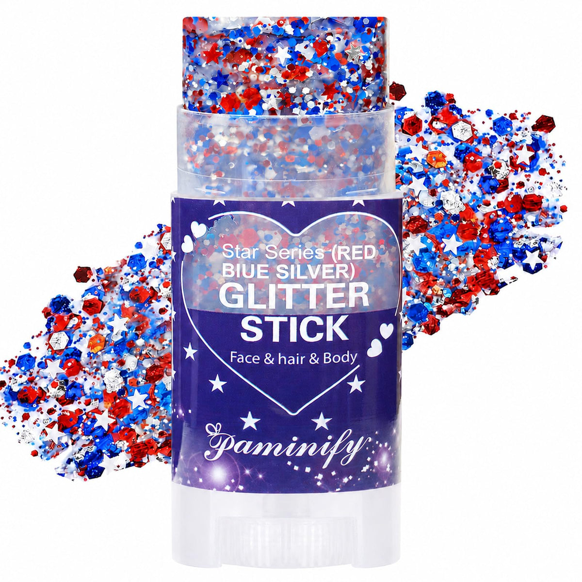 paminify front packaging showing patriotic glitter stick and quick application benefit
