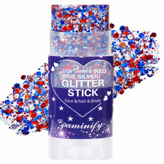 paminify front packaging showing patriotic glitter stick and quick application benefit