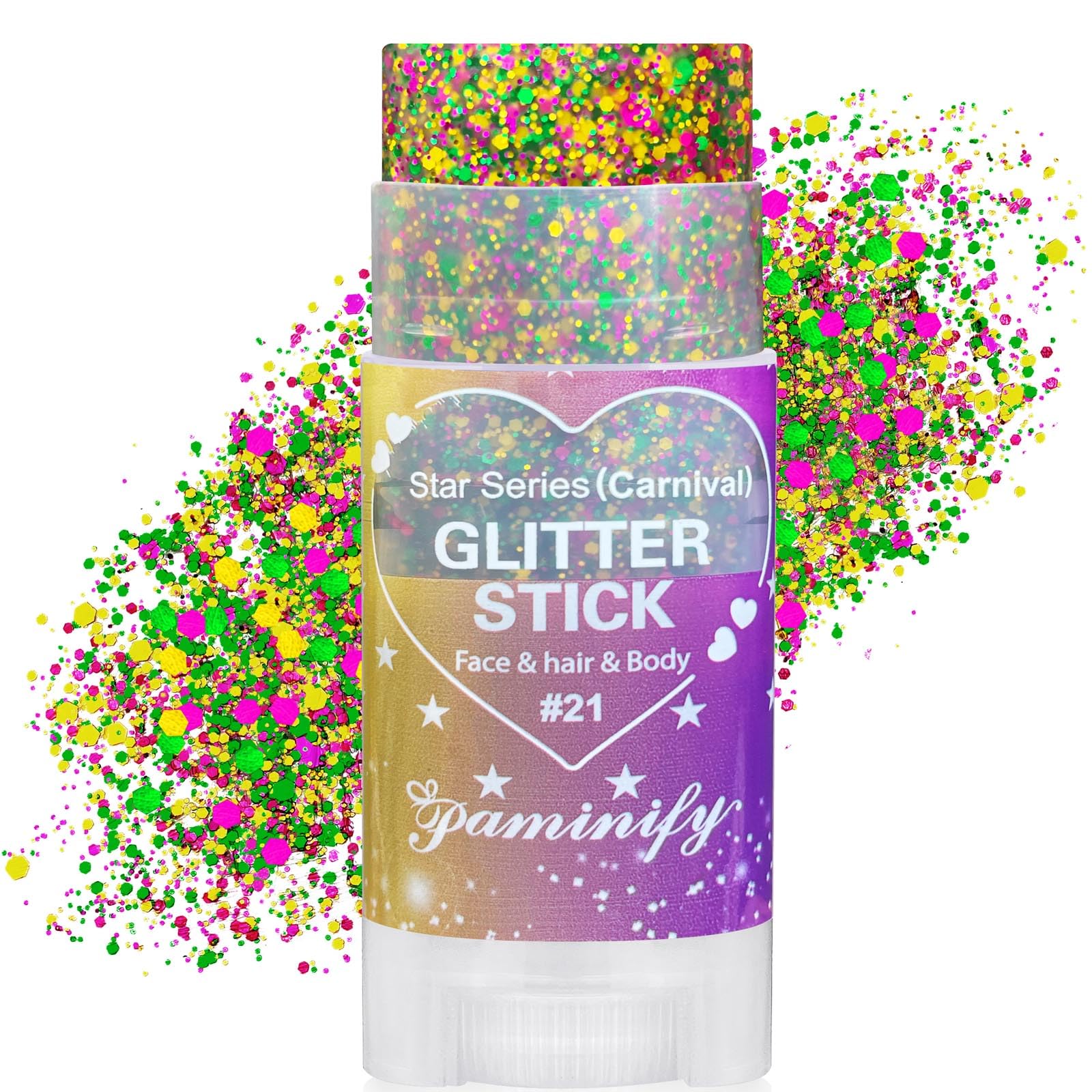 paminify front packaging showing Mardi Gras glitter stick and clear label for quick purchase