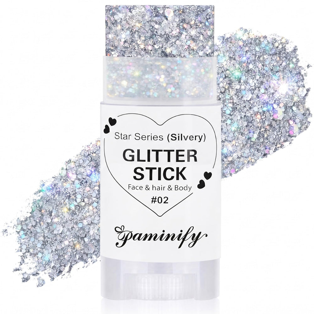 paminify front packaging showing silver glitter stick and compact design for travel