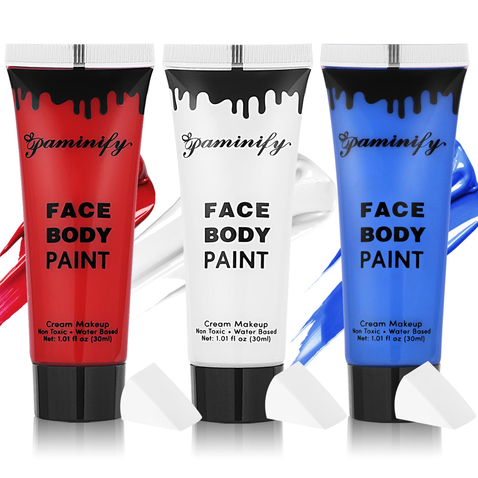 paminify front packaging showing three tubes and sponges for quick patriotic makeup