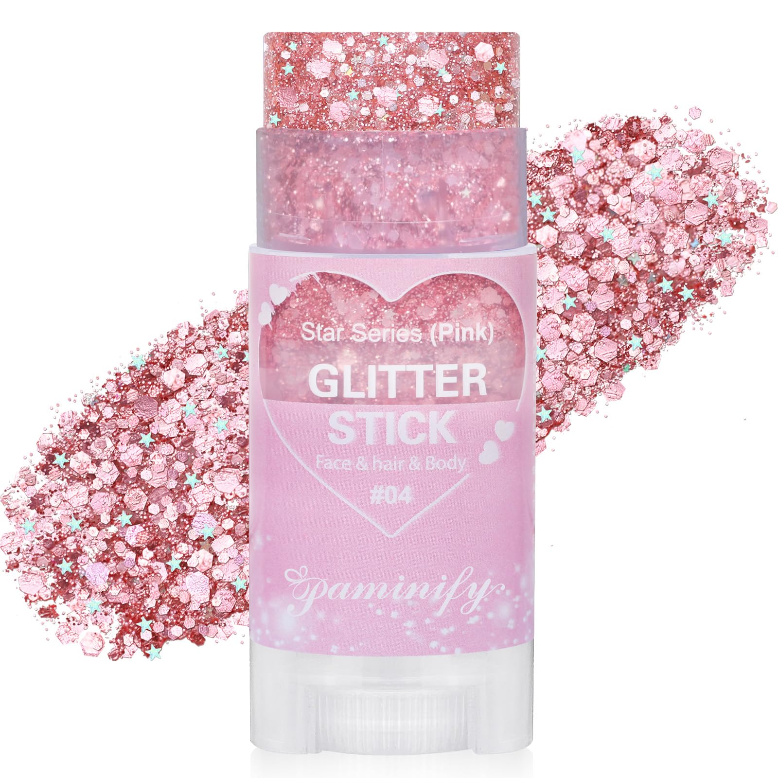 paminify front stick showing twist-up applicator and pink glitter benefits