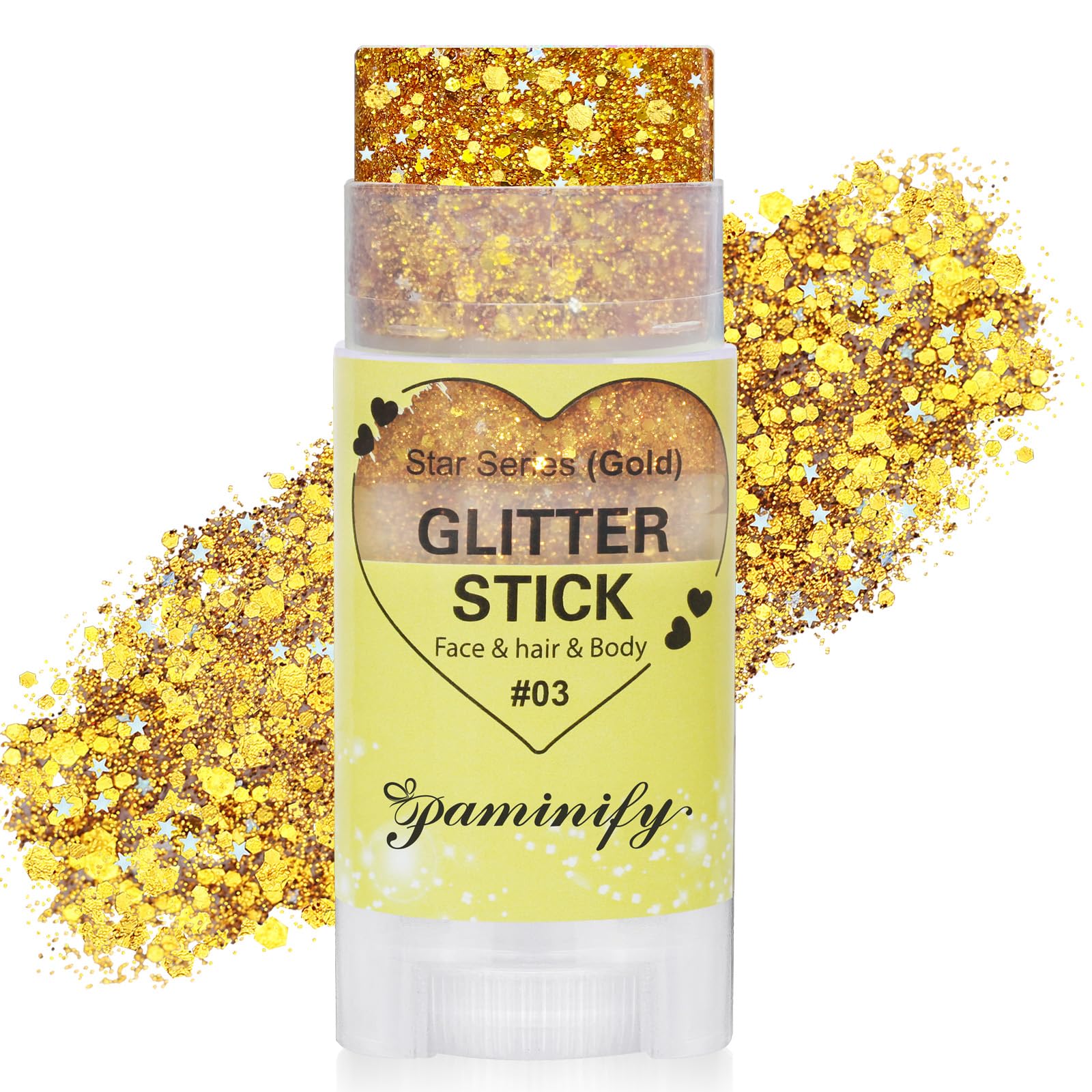 paminify gold glitter stick front view showing compact design and instant shimmer