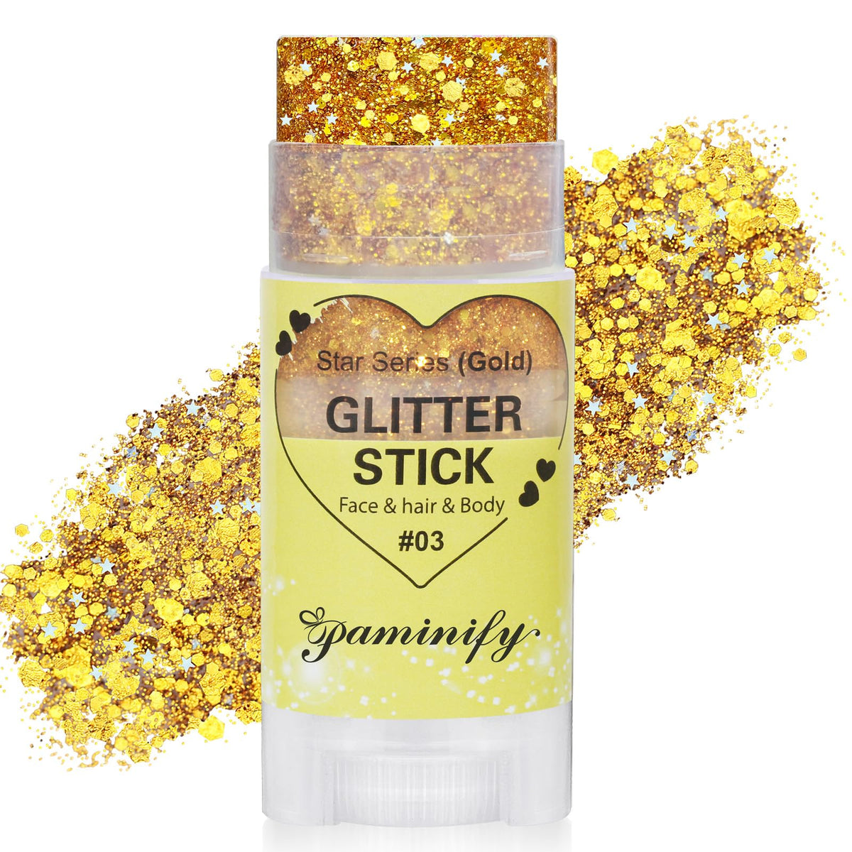 paminify gold glitter stick front view showing compact design and instant shimmer
