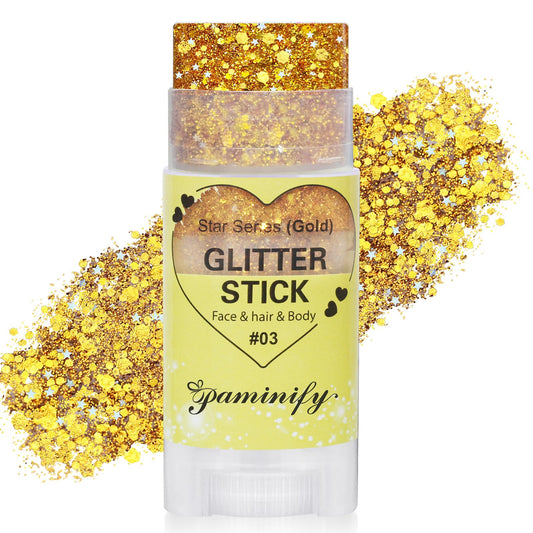 paminify gold glitter stick front view showing compact design and instant shimmer
