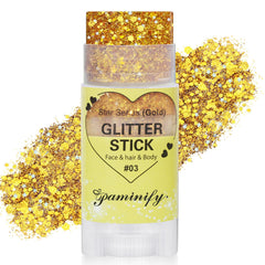paminify gold glitter stick front view showing compact design and instant shimmer