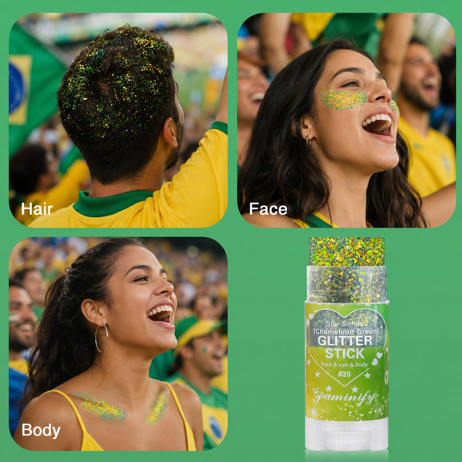 paminify green-gold glitter streaks in hair, creates eye-catching movement and color