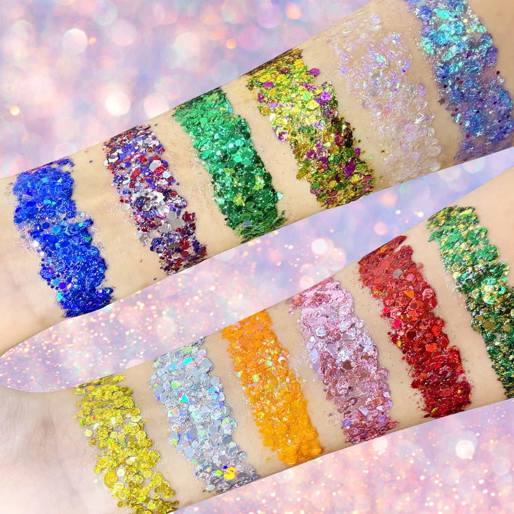 paminify model at festival wearing pink holographic glitter for eye-catching look