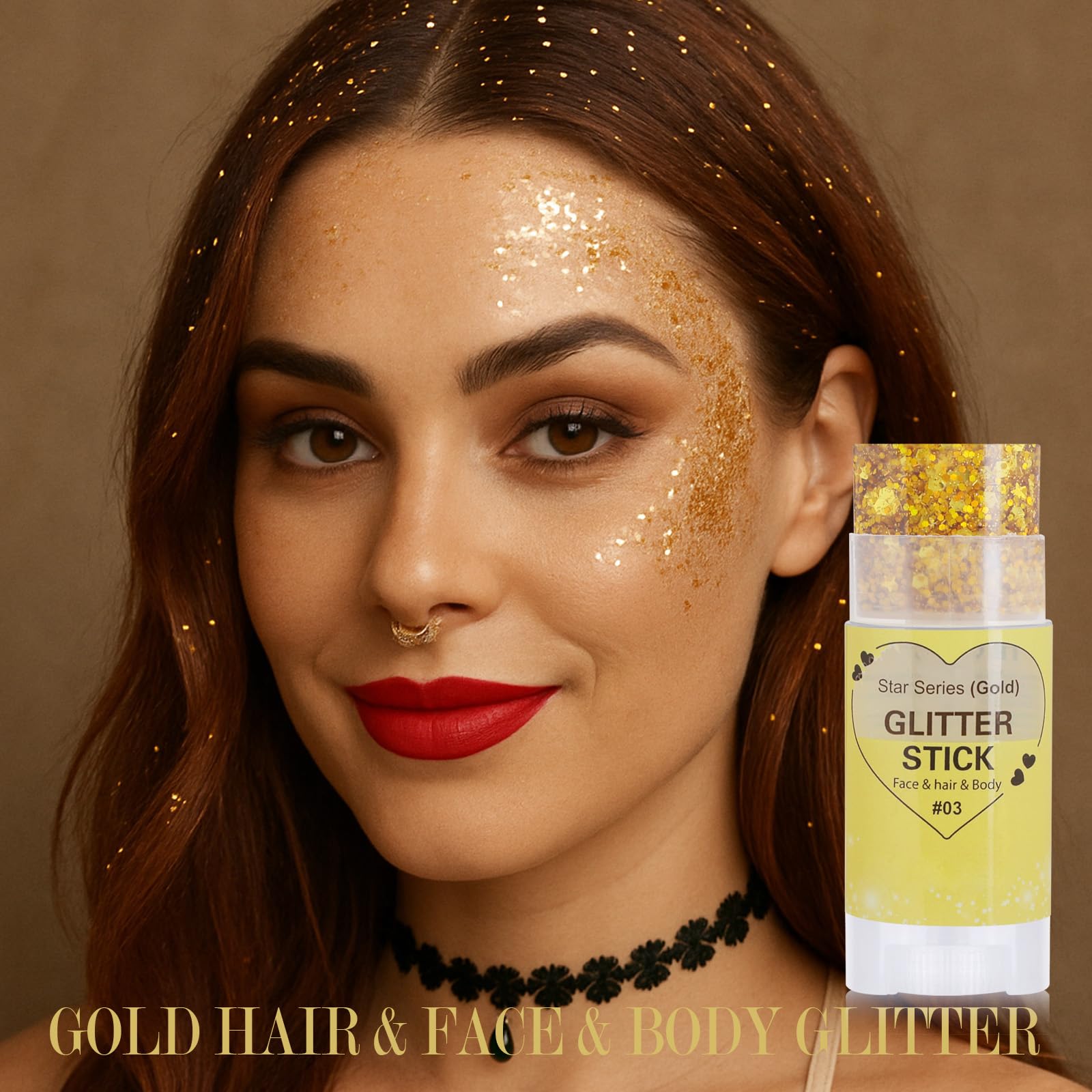 paminify on model cheek showing bright gold highlight and long-lasting sparkle
