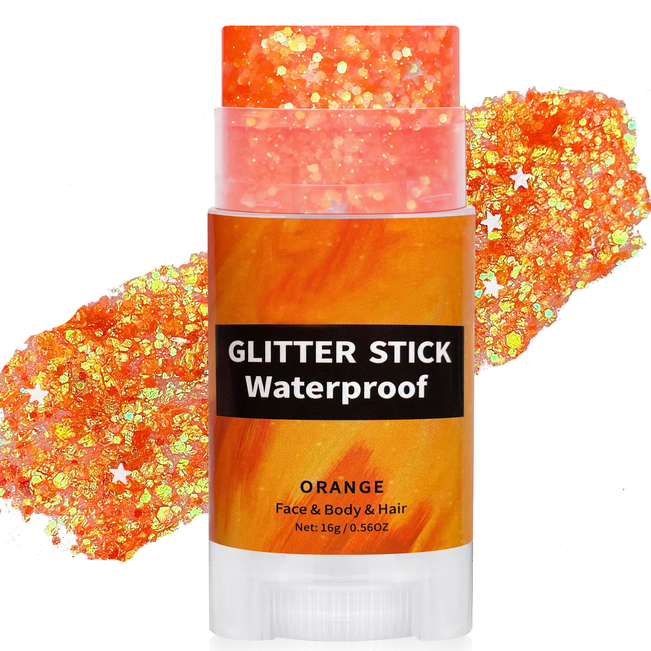 paminify orange glitter stick front packaging showing bright orange shimmer