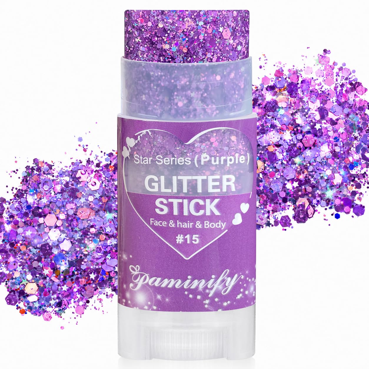 paminify front packaging showing purple glitter stick and label, ideal for festivals