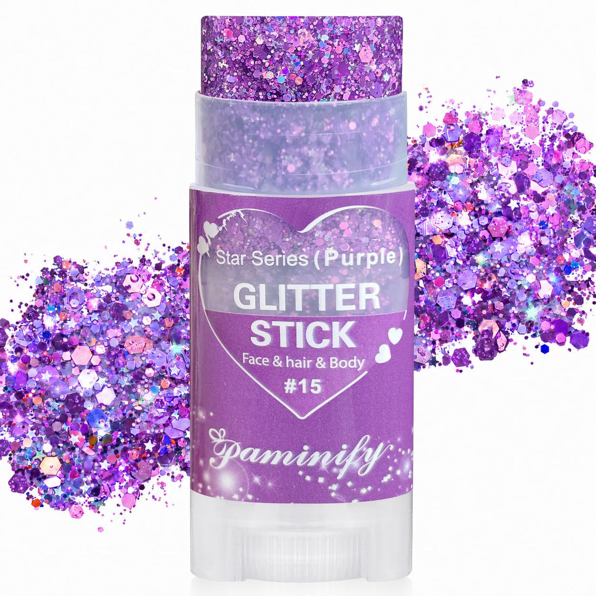 paminify front packaging showing purple glitter stick and label, ideal for festivals