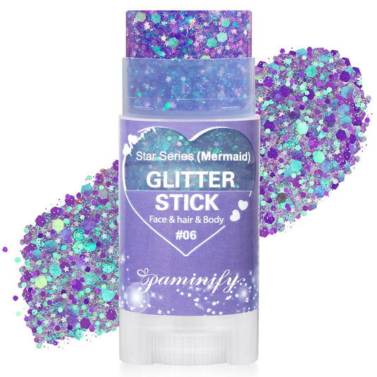 paminify purple glitter stick front packaging showing product benefits