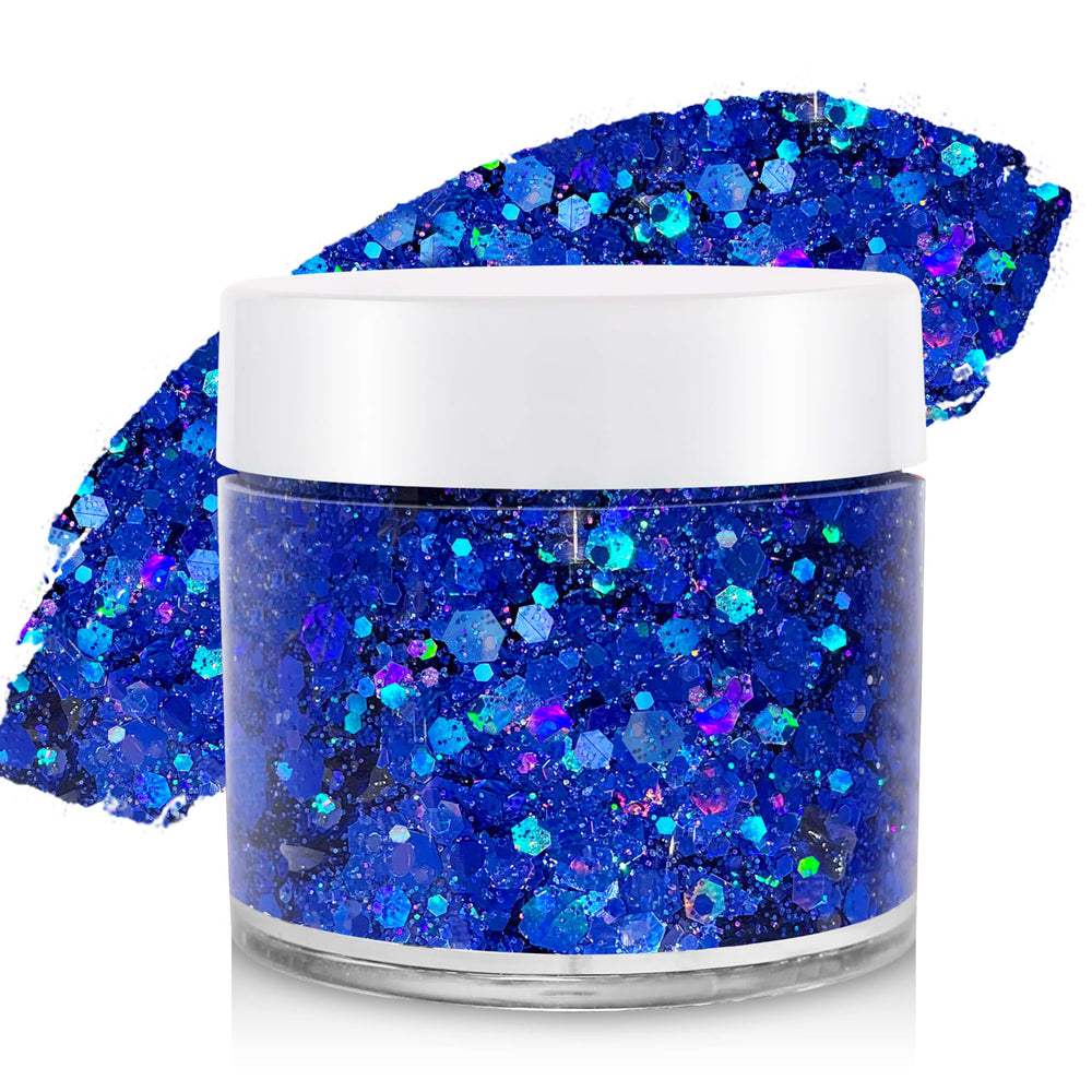 paminify front packaging showing royal blue glitter jar and label benefit bold shimmer