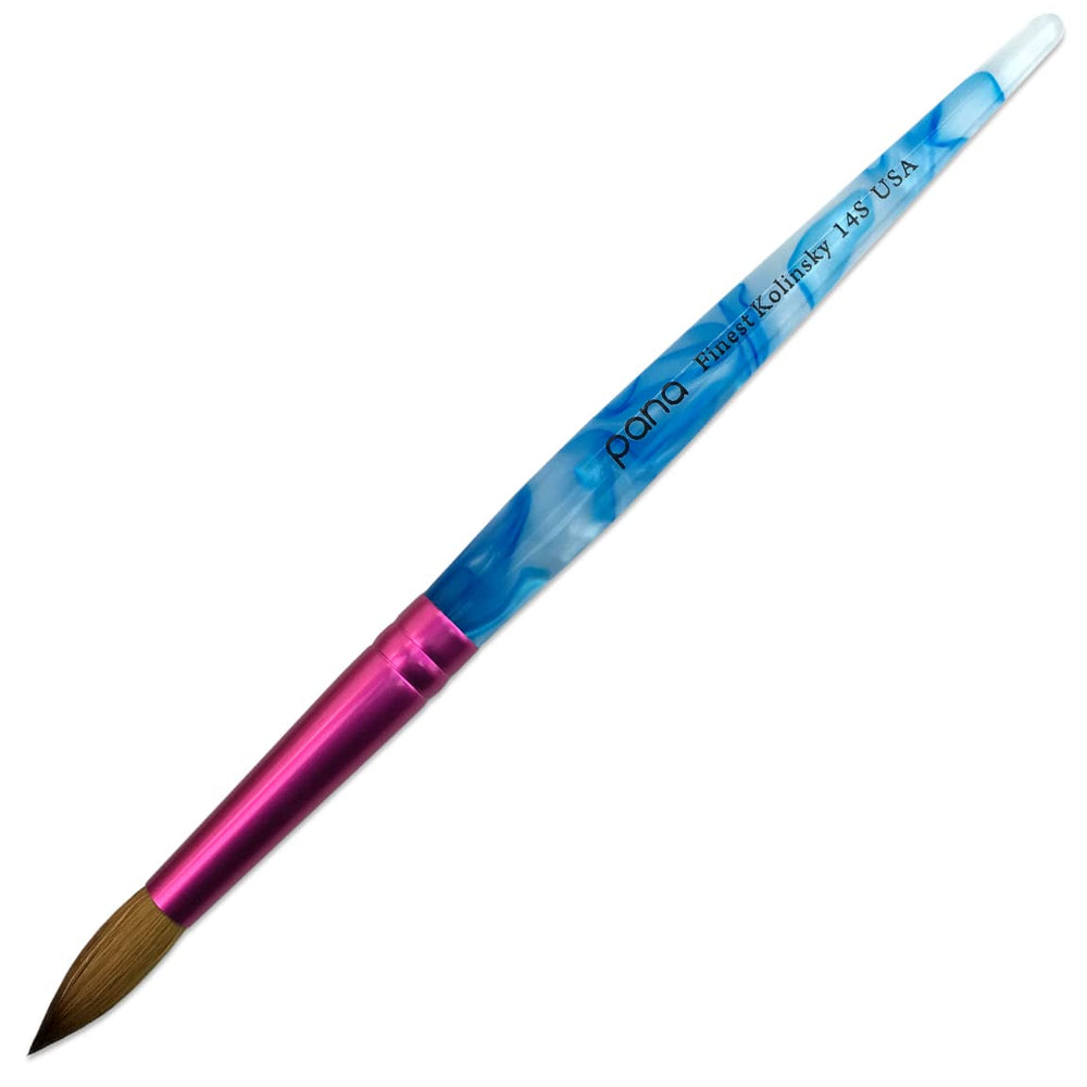 PANA front view of brush showing pink ferrule and blue swirl handle, professional look