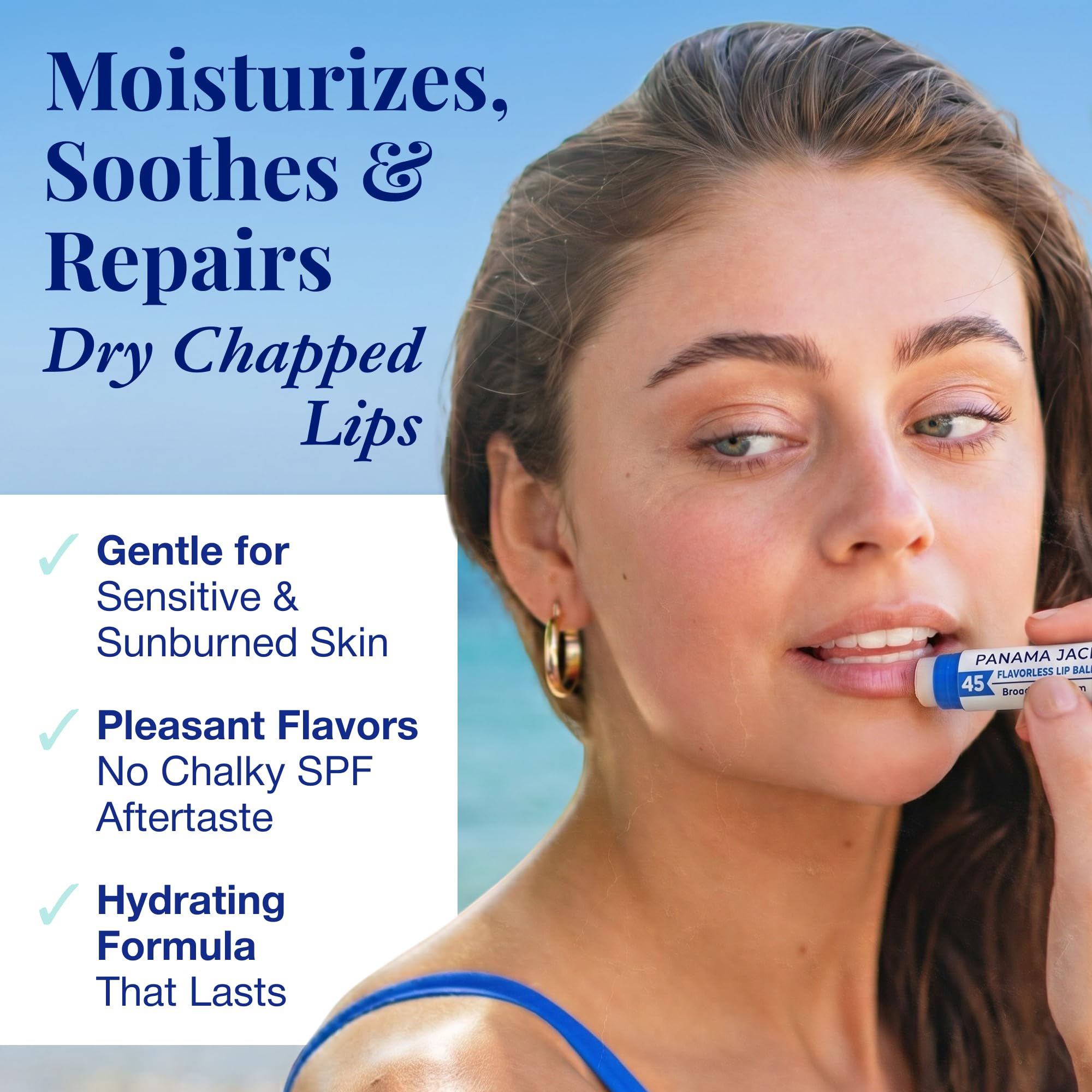 Panama Jack applying balm to lips for moisturized, sun-safe comfort