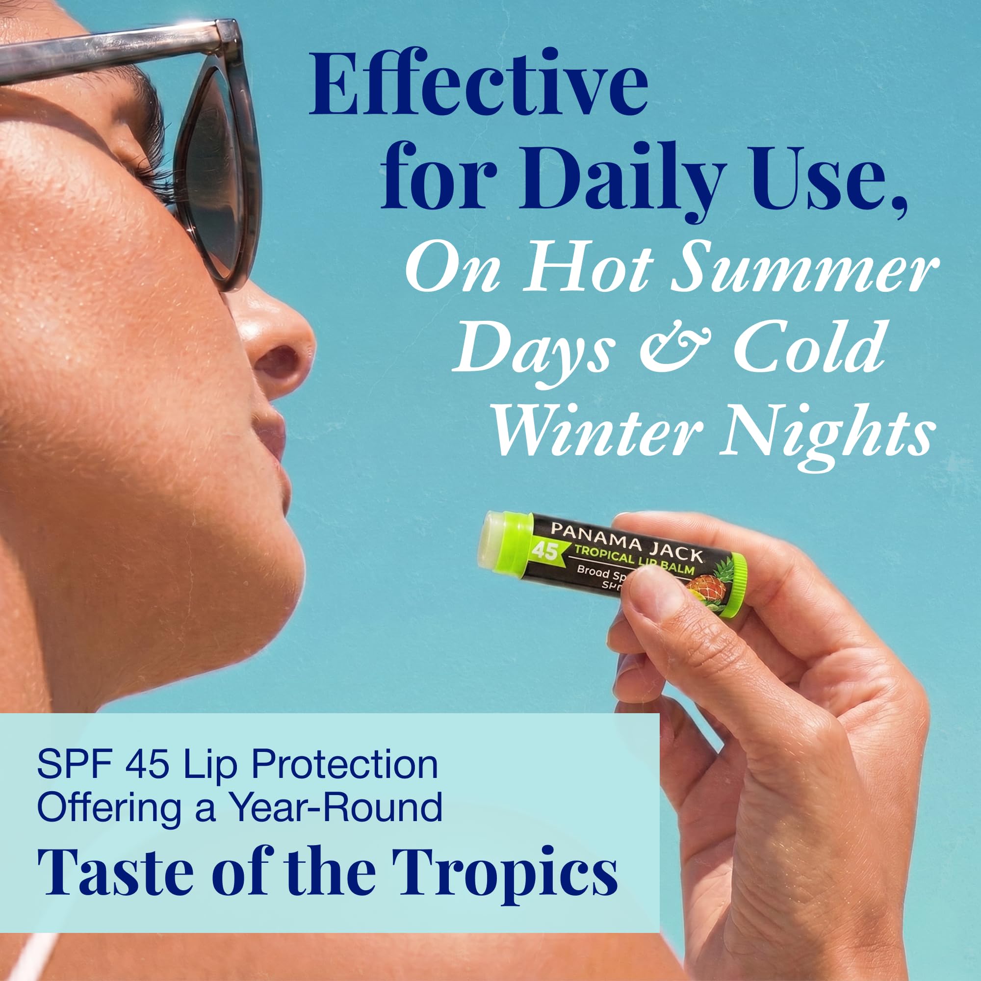 Person applying Panama Jack lip balm at beach demonstrating UV protection in use