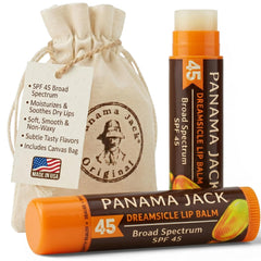 Panama Jack front packaging showing two Dreamsicle SPF 45 tubes for easy protection