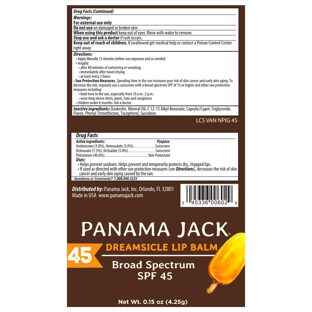 Panama Jack Dreamsicle ingredient panel showing soothing components