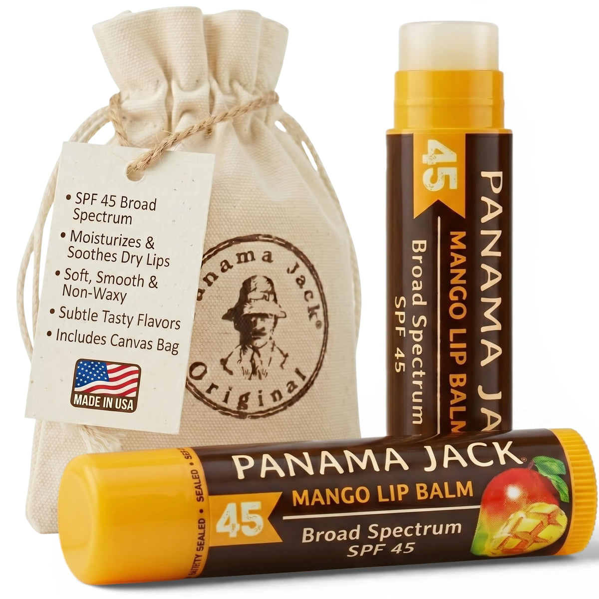 Panama Jack front packaging mango SPF 45 showing two tubes and protection benefit