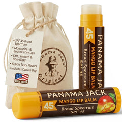 Panama Jack front packaging mango SPF 45 showing two tubes and protection benefit