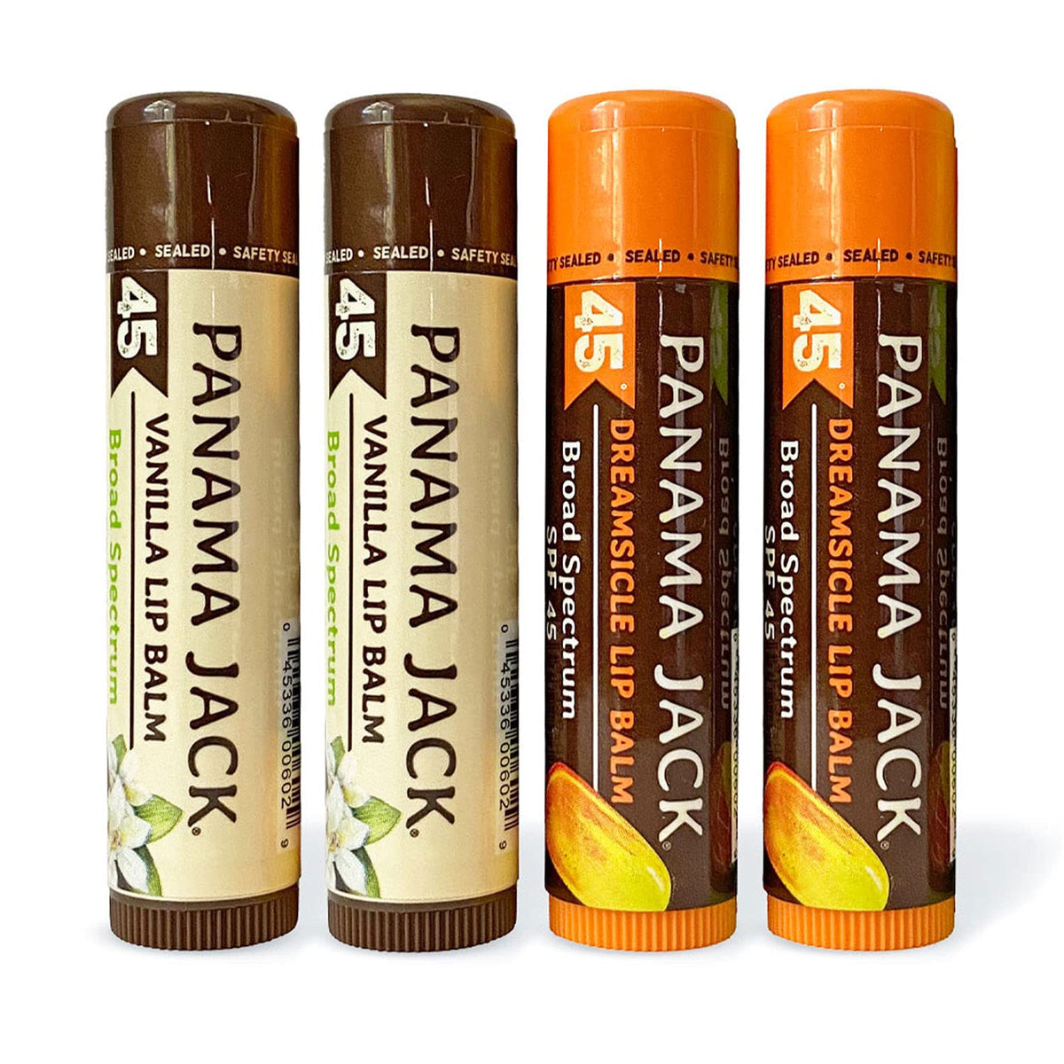 Panama Jack front packaging showing four flavor tubes and SPF 45 protection