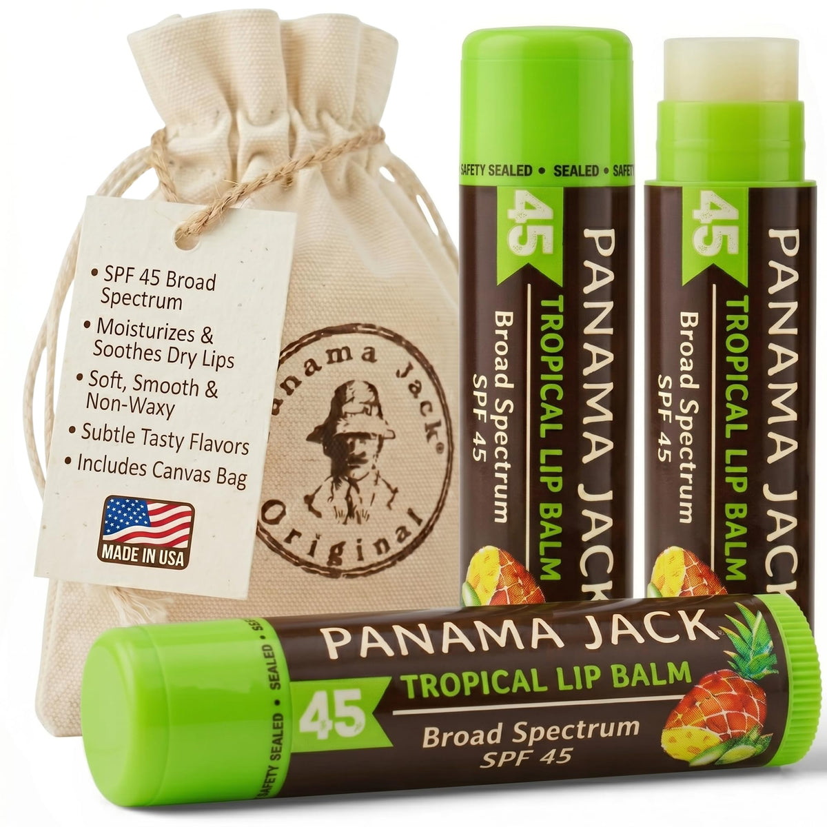 Panama Jack front packaging showing three SPF 45 lip balms for sun protection