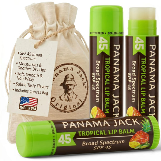 Panama Jack front packaging showing three SPF 45 lip balms for sun protection