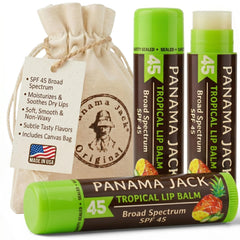 Panama Jack front packaging showing three SPF 45 lip balms for sun protection