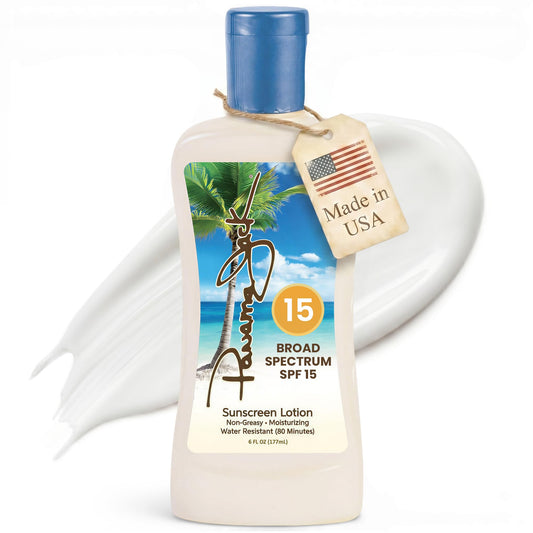 Panama Jack front packaging showing 6 fl oz bottle and SPF 15 protection