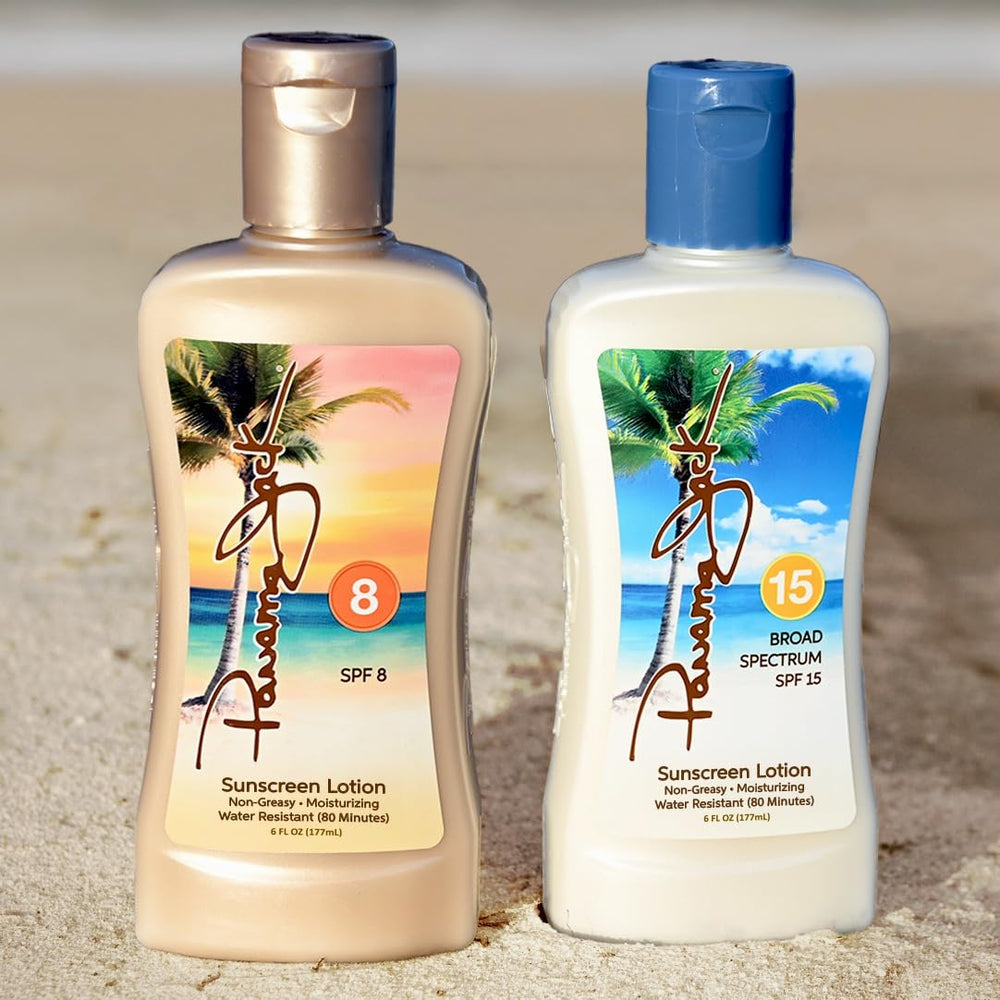 Panama Jack front packaging showing both SPF 8 and SPF 15 bottles, travel convenience