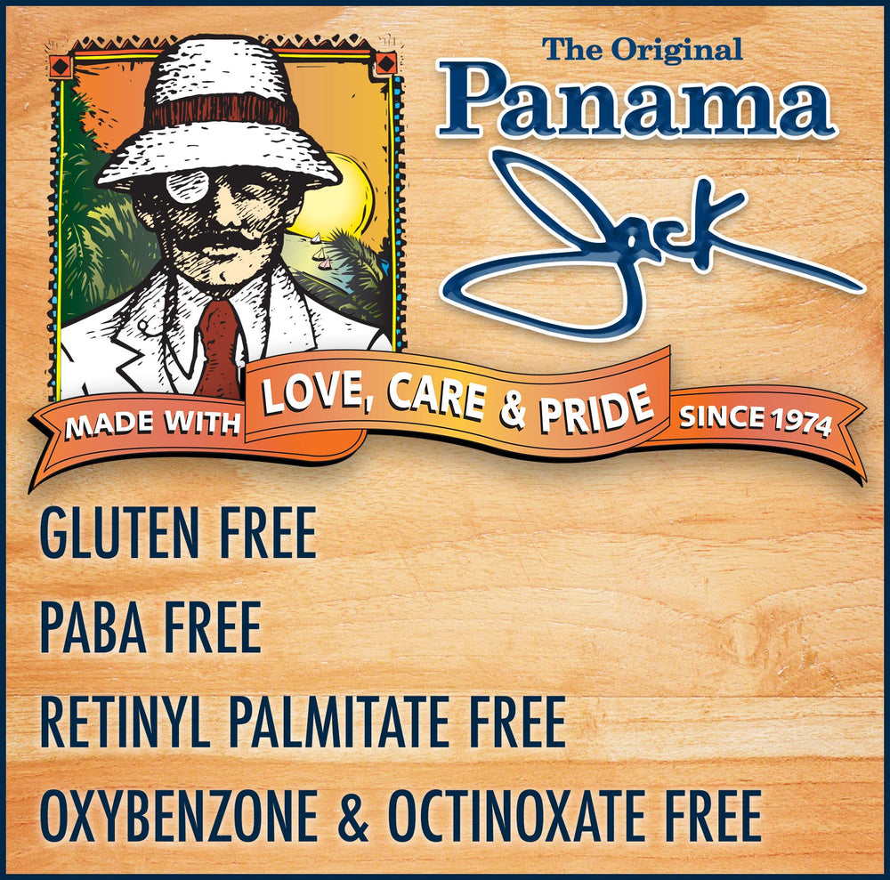 Panama Jack ingredients label showcasing aloe, hemp seed and olive oil benefits