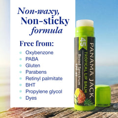Label close-up of Panama Jack lip balm showing SPF 45 and ingredient clarity