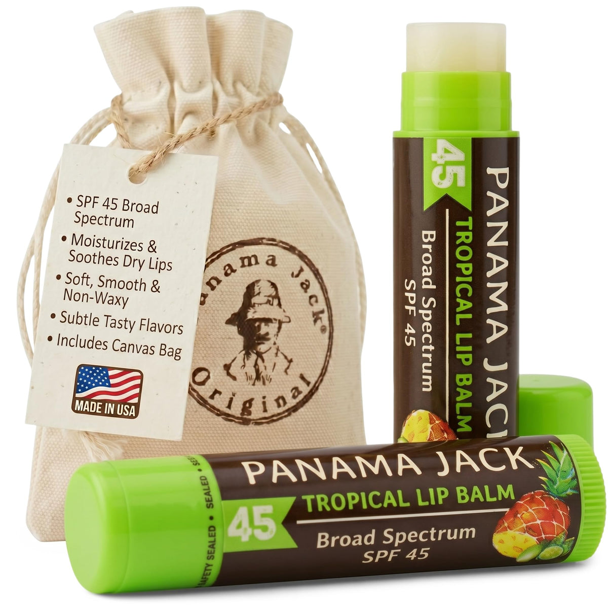 Panama Jack front packaging showing SPF 45 and two-stick benefit