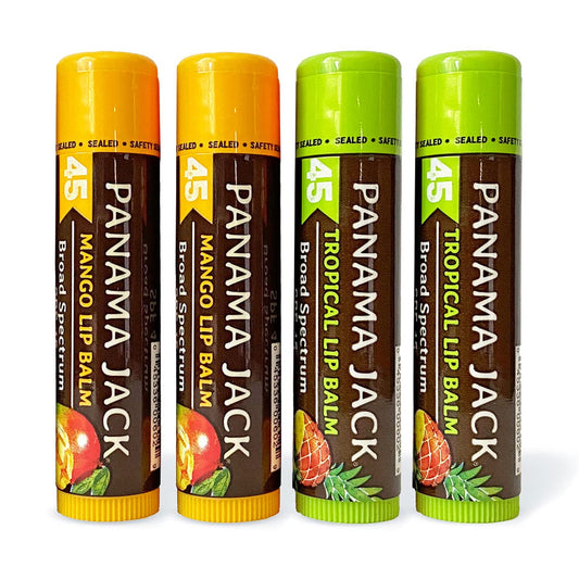 Panama Jack front packaging showing four-flavor SPF 45 bundle and benefits