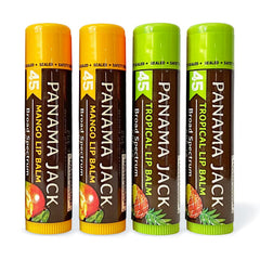 Panama Jack front packaging showing four-flavor SPF 45 bundle and benefits