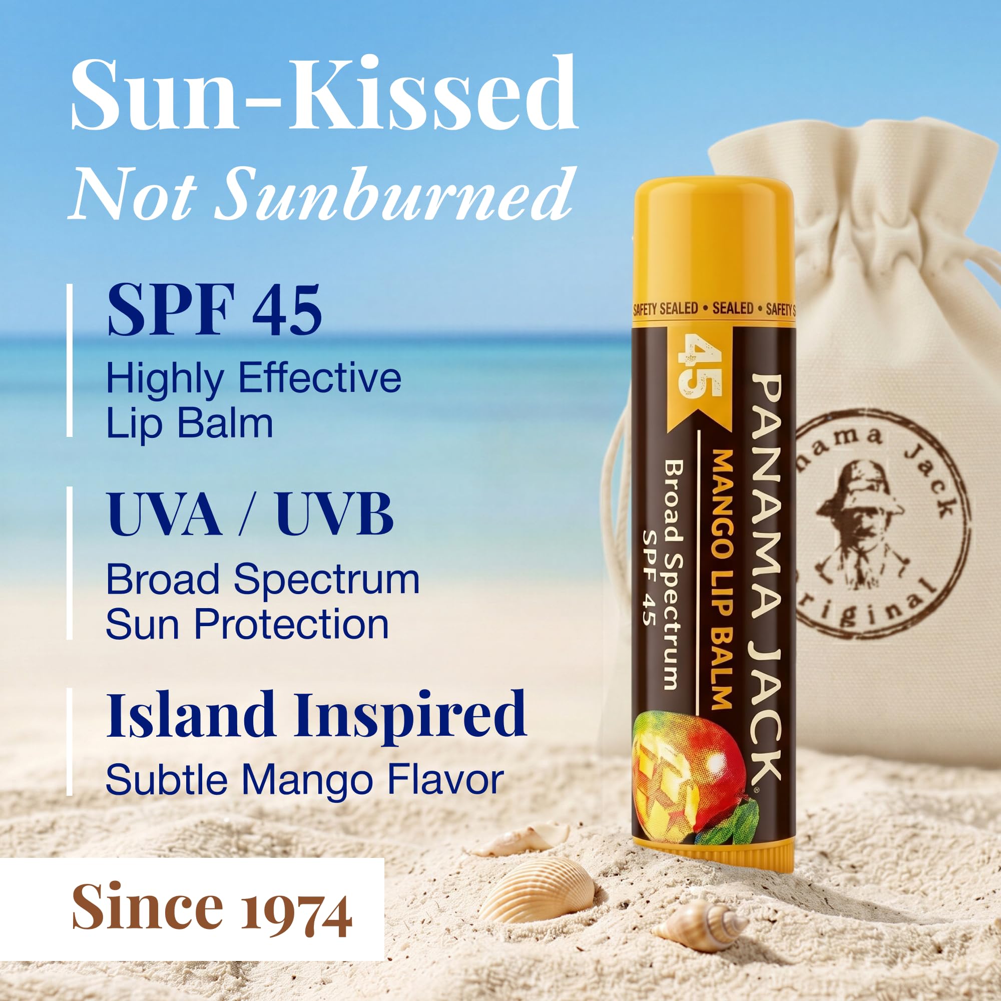 Panama Jack label close-up highlighting SPF 45 benefits