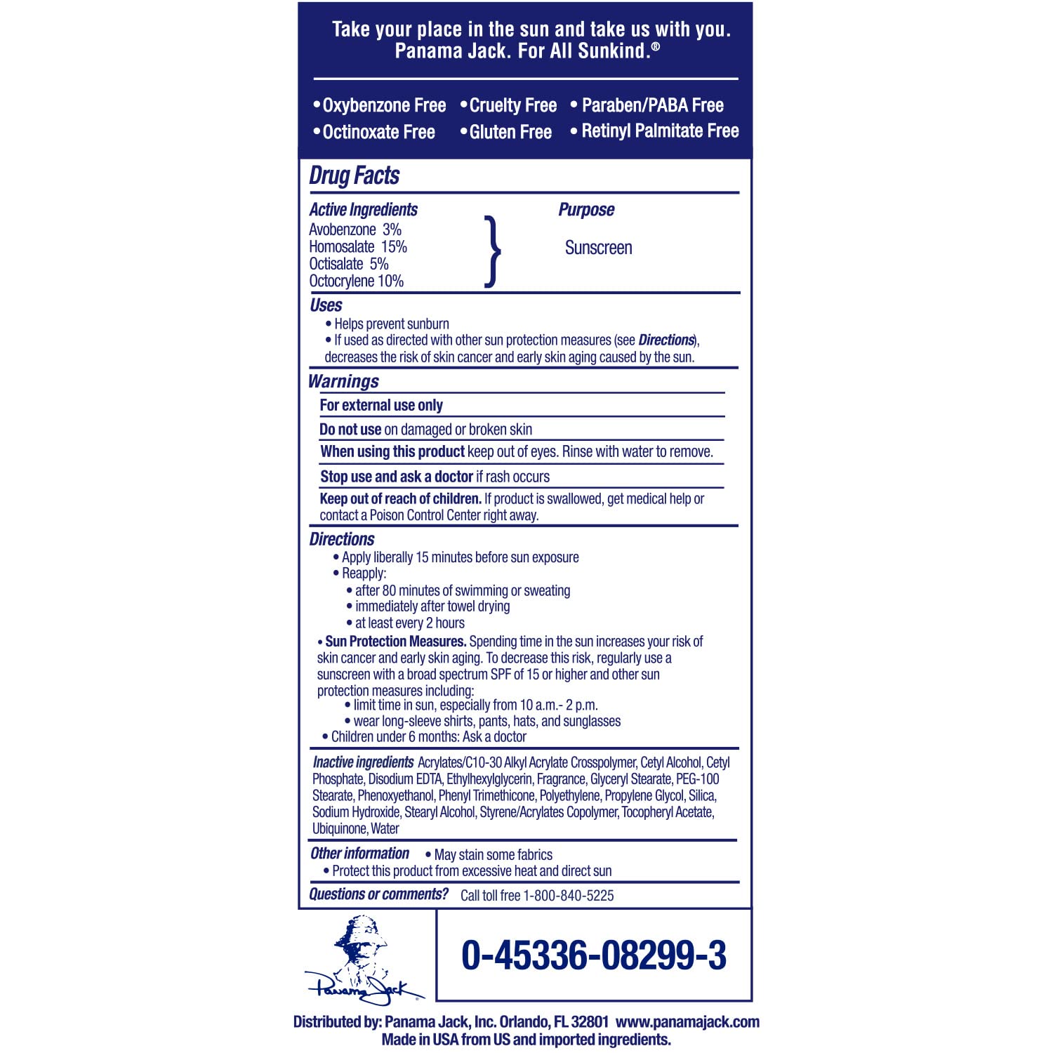 Panama Jack back label with usage and water resistant instructions