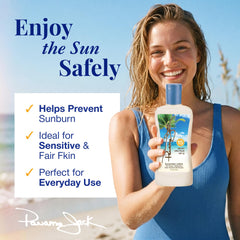 Panama Jack sunscreen poured into hand demonstrating easy spreadability