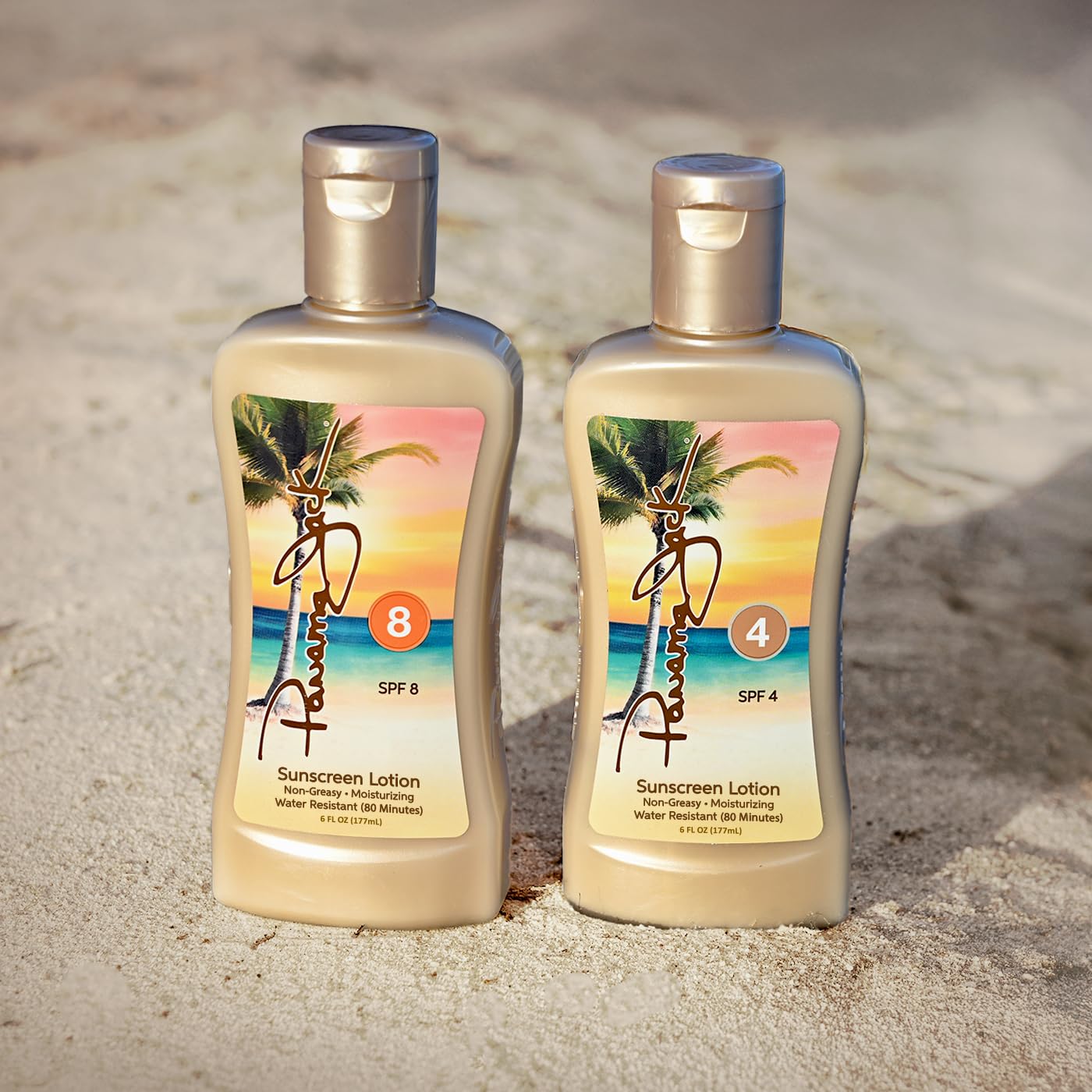 Panama Jack front packaging showing SPF 4 and SPF 8 for easy travel