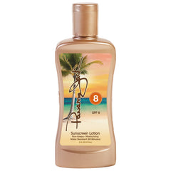 Panama Jack bottles in a beach setting conveying sun, scent, and leisure use