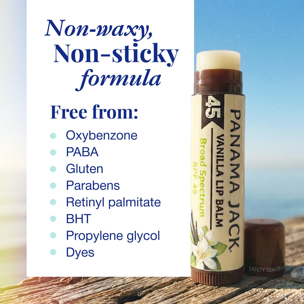 Label close-up of Panama Jack SPF 45 tube emphasizing broad-spectrum ingredients