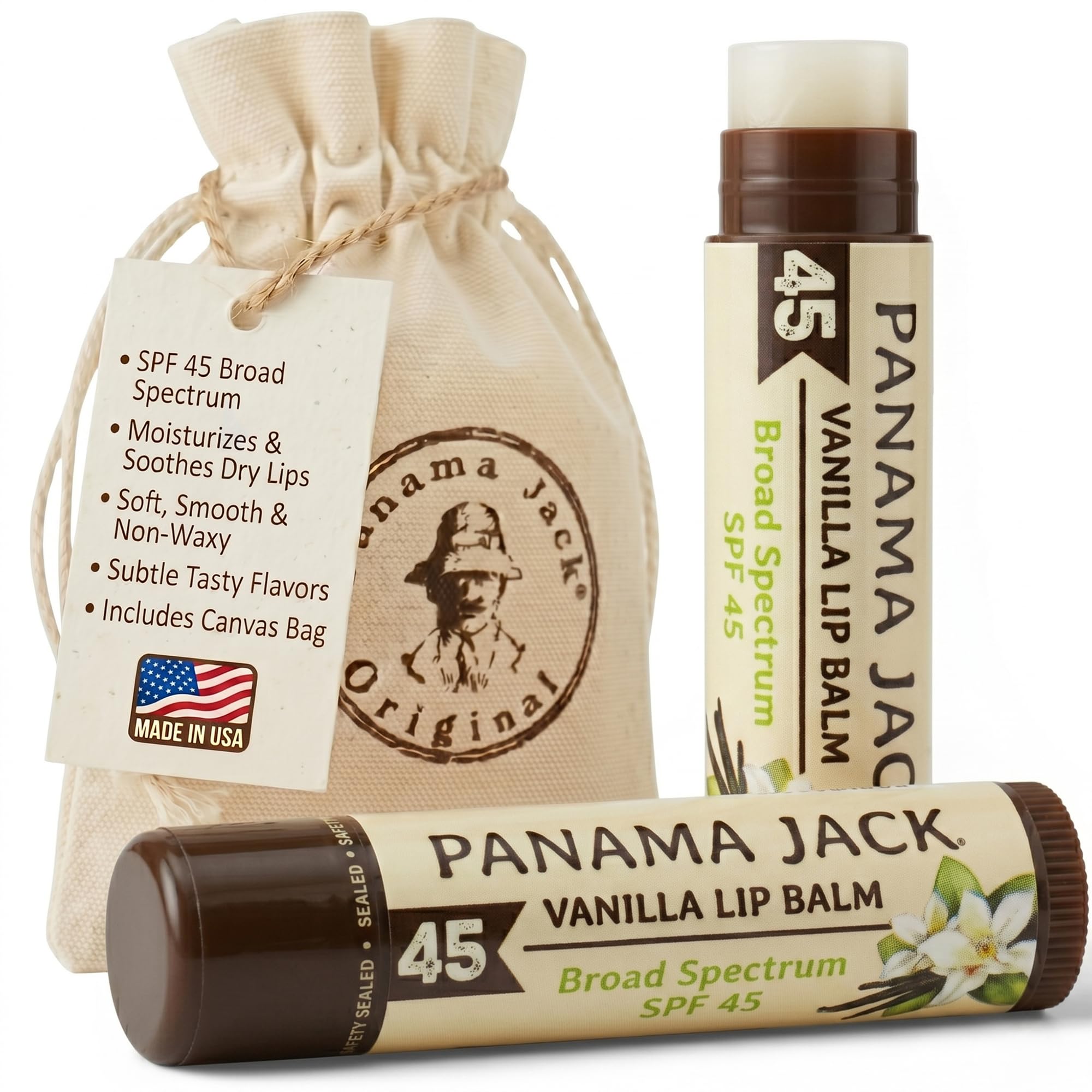 Panama Jack front packaging showing two vanilla SPF 45 tubes for daily protection