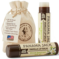 Panama Jack front packaging showing two vanilla SPF 45 tubes for daily protection