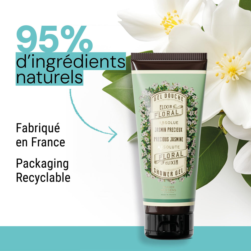 Panier des Sens bottle on bath shelf in a styled bathroom for lifestyle appeal