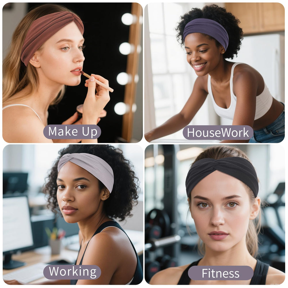 Panleding headband in use during yoga to absorb sweat and keep hair back