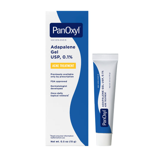 PanOxyl tube front view showing branding and product label, clear acne care benefit