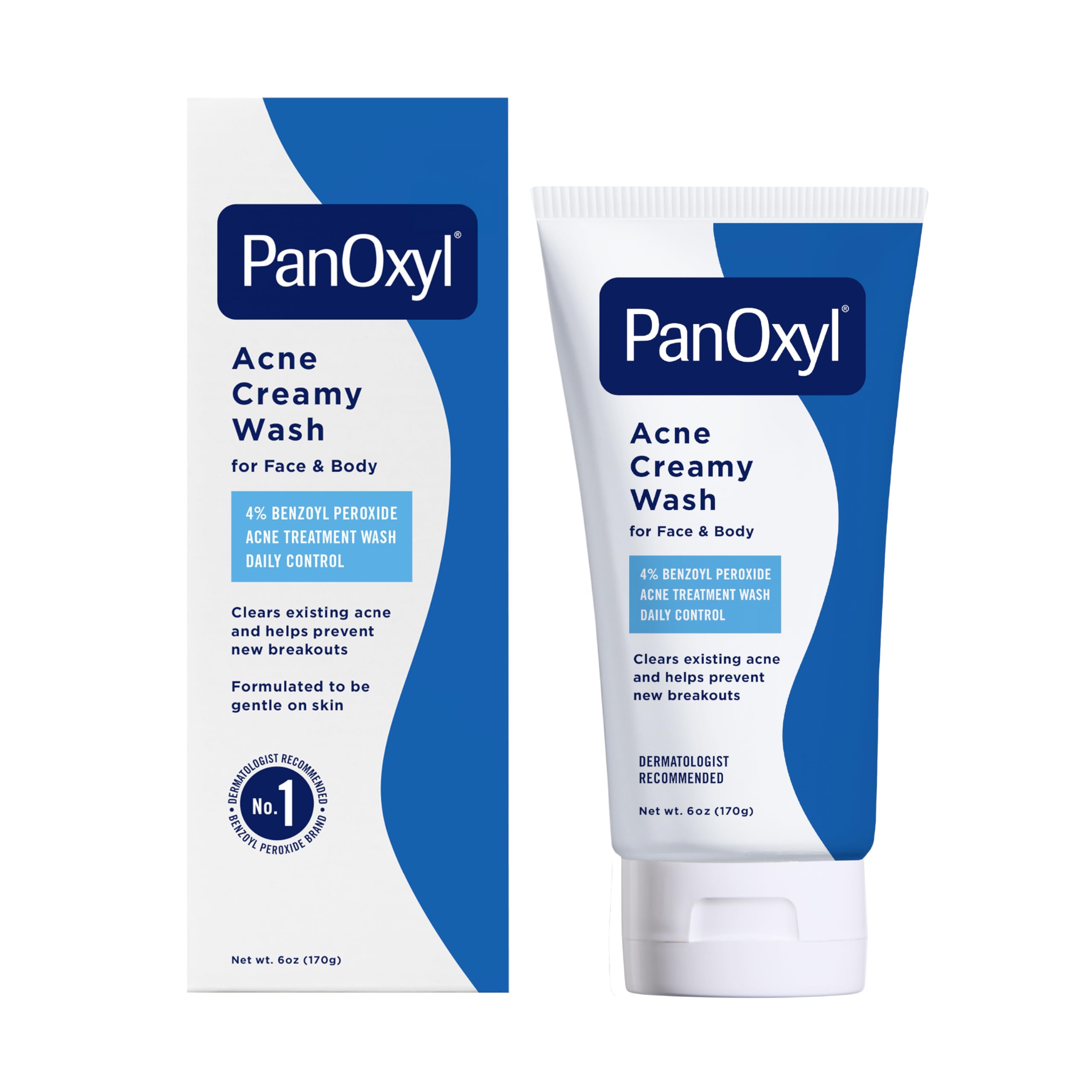 PanOxyl front packaging showing 6 oz bottle and clear branding benefit: visible acne control