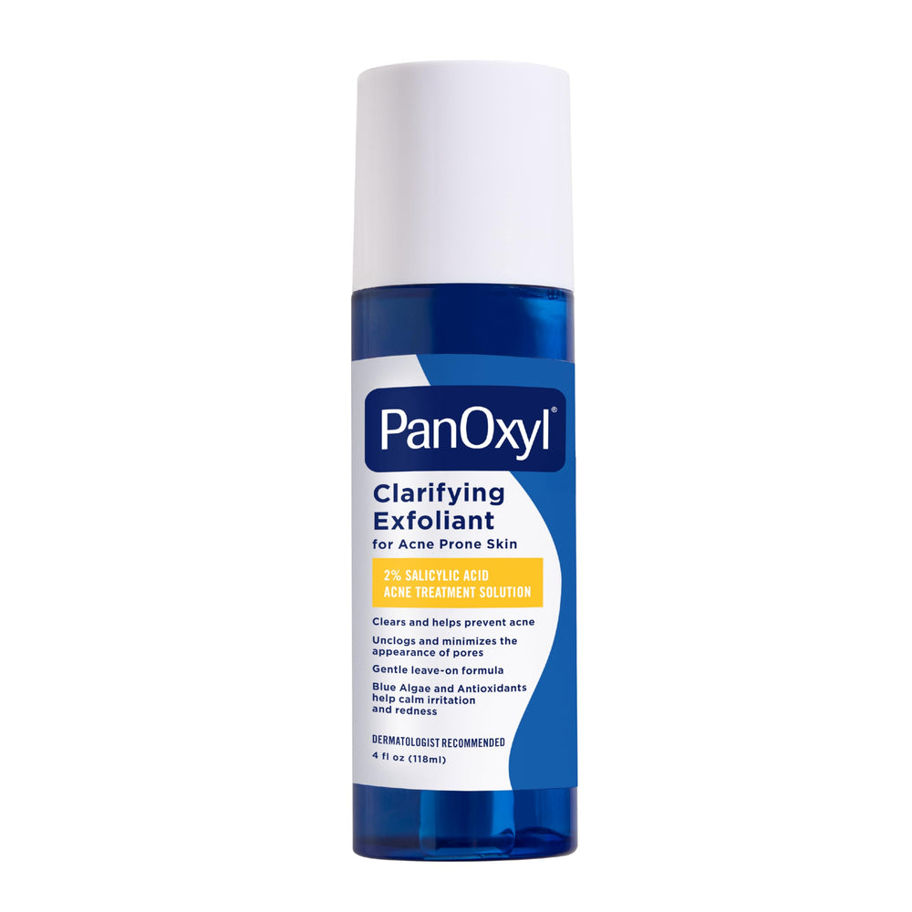 PanOxyl front packaging bottle showing clear formula and acne treatment benefits